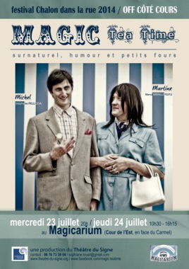 Un spectacle de magie pour la rue et le cabaret 
créé par Stéphane Pelliccia et Marco Bataille-Testu

Deux propositions indépendantes ou complémentaires.
Le sectacle 
Numéro de cabaret pour salons de thé, salle, fêtes, mariages et terrasses de cafés.
Michel à du mal à quitter les jupes de sa mère, ou peut être que c'est elle qui a du mal à le lâcher.
Promit à un brillant avenir, il a plaqué ses études pour s'adonner à son hobby... la magie.
Il faut dire que sa maman a quelques dons étranges,  elle dit qu'elle a des visions. 
Ses copines du club le savent bien. D'ailleurs, elle les a toutes invités pour donner un petit coup de pouce à son grand fiston.
Magic tea time, 30 minutes d'humour, de petits fours et de surnaturel.

Pitch :
Michel viens de suspendre ses études de contrôle de gestion pour se livrer a sa passion... la magie. Martine sa maman organise avec les filles du club  (de l'usine) une soirée pour présenter les talents de son grand fiston. Magic tea time, 30 minutes d'humour de petit four et de surnaturel.

La déambulation: 
Deux personnages en déambulation.
Lors qu'ils sont de sortie, Michel et sa maman, font la promenade ensemble ou seul. Ils visitent la ville et au grès des rencontres avec l'un (e) ou l'autre ils échangent.

	Michel grand timide, se rêve magicien ou maître nageur.  Il profite d'être en ville pour chercher une future « assistante » qui saura habillement remplacer « Maman ». Si le spectacle enchaine la déambulation il pourra donner rendez-vous pour un test grandeur nature.

Martine, « Maman » tient de sa longue lignée matrimoniale un don de voyance. Régulièrement, elle a des visions. Le contact lui permet de ressentir l'énergie en la personne. Elle pourra utiliser ses dons pour prédire l'avenir. 
Elle a du mal lâcher son grand diable de fils malgré les réels dons qu'il possède pour la scène.
Chaque rencontres peut donner lieu a un moment d'improvisation, de magie rapprochée ou de lecture de pensée.