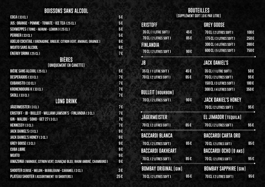 Carte des boissons pour une discothèque