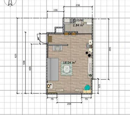 Plan 2D du studio réagencé.