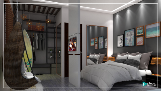 Projeto de interiores para bangalôs idealizados por casal brasileiro de empreendedores. A hospedagem deste estilo segue a filosofia de oferecer conforto e simplicidade em harmonia com o belíssimo cenário que o cerca. Projeto rústico com toques modernos. Destaque para o painel giratório de TV que proporciona flexibilidade à suíte. Além disso, um cantinho foi cuidadosamente pensado para alocar pranchas de surf, roupas e itens pessoais.