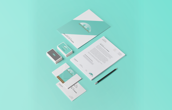 Semplice esempio di branding con il logo marcelloromelli.it, applicato a porta documenti, biglietti da visita, carta intestata e buste per un'immagine coordinata e fresca!