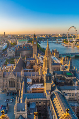 Palace of Westminster seen from Victoria Tower at sunset.