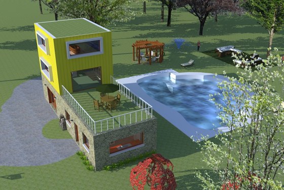 Modélisation 3D d'une maison, plus aménagement extérieur.
