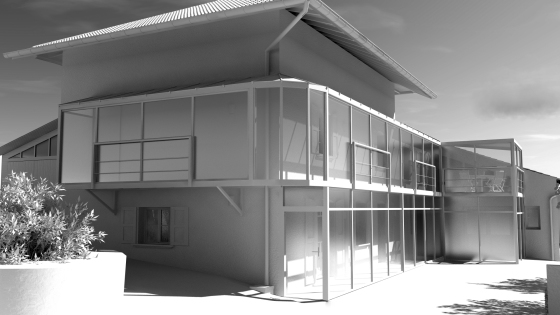 Étude coursives en verre sur bâtiment existant.
