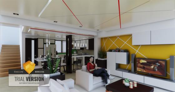 Render interior vista sala y cocina.