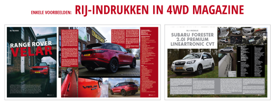 2 voorbeelden van Rij-Indrukken in het tijdschrift 4WD Magazine. Zowel de fotografie als het vormgeven van het artikel door Markusa Design.
