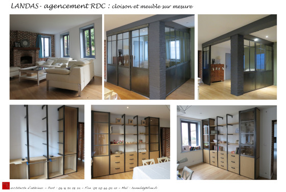 Agencement pièce principale,meuble bois/métal et cloison métallique sur mesure