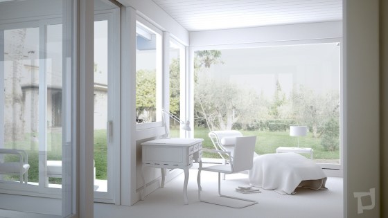 Render di un ampliamento in legno e vetro