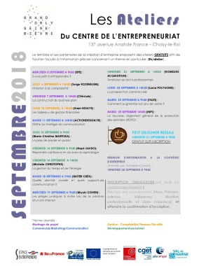 Programme de Septembre 2018 à Espace Pour Entreprendre.  J'ai le plaisir d'animer l'atelier sur la Prospection commerciale.