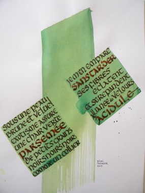 Kiwi, calligraphie onciale, d'après un poème de Sylvie Ongareau