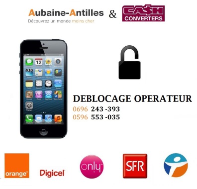 Déblocage Opérateur tous pays!
Simple et rapide, sans vous déplacer!
Communiquer marque et modèle de votre mobile; Ainsi que le numéro IMEI  (*#06#)
(Le magasin ce situe à l'intérieure du cash converters Lamentin)
Info: 0696 24 33 93 ou www.aubaine-Antilles.com