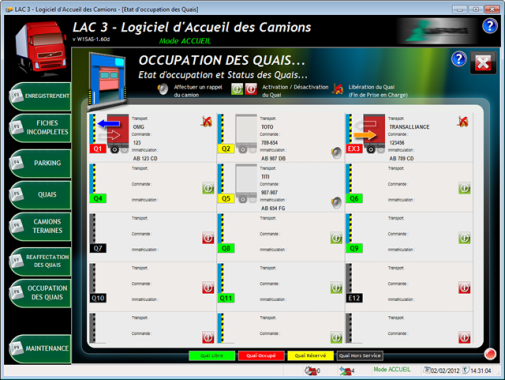 Logiciel de gestion des appels chauffeurs camion pour une gestion de quais de chargement/déchargement. Gestion des temps de transfert, enregistrement des chauffeurs, appel des chauffeurs par les quais sur écran et par afficheur LED extérieur.