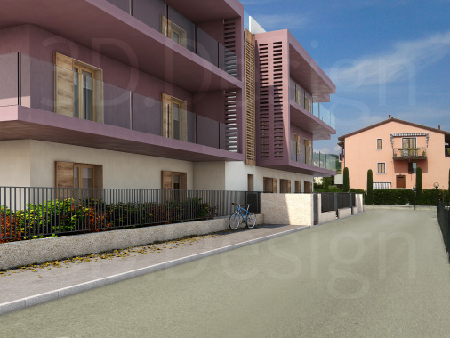 Simulazione grafica 3D "render" progetto architettonico per la costruzione di un edificio con appartamenti, realizzato fotoinserimento finale posizione lotto.