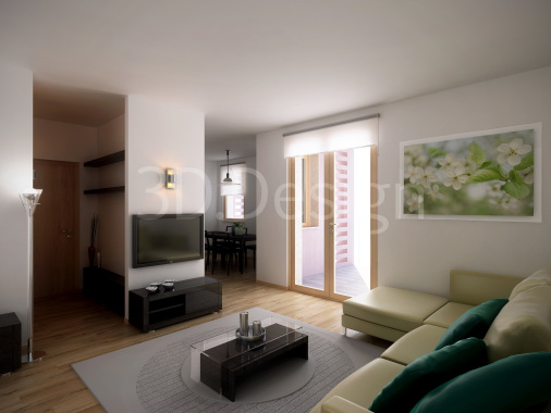 Simulazione grafica 3D "render" interno soggiorno appartamenti tipo.