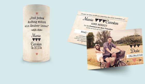 Hochzeitskarten, Hochzeitseinladungen und Extras für die Hochzeit wie beispielsweise Windlichter zum online selbst gestalten.