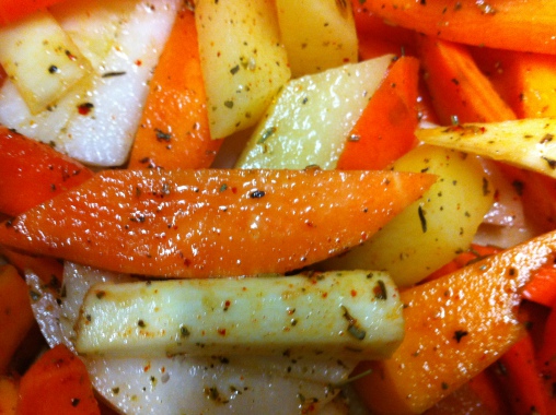 des légumes rôtis à déguster à la pique avec une touche de crême de gingembre