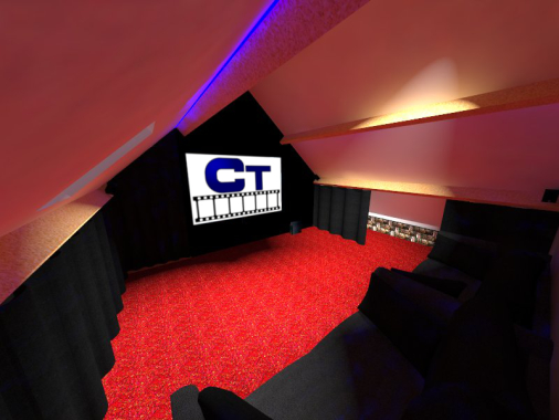 Installation d'une salle de cinéma privée dans des combles aménagés.