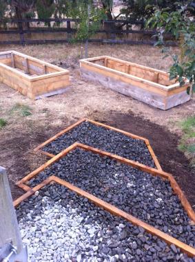 New raised garden beds and steps to orchard