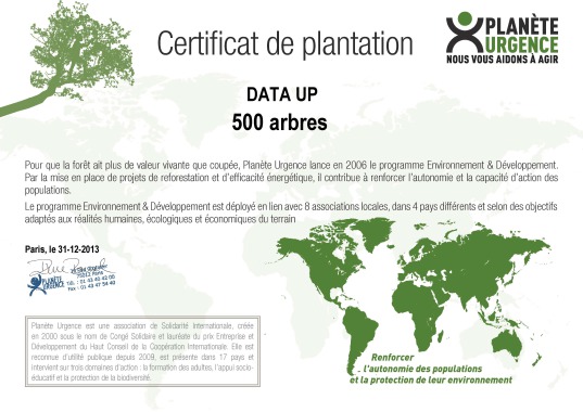 Pour chaque récupération réussie, nous finançons la plantation de deux arbres dans une région déforestée de la planète.

Pour chaque matériel de stockage neuf vendu, la plantation d'un arbre est financée pour participer à la compensation de l'impact écologique de sa production.