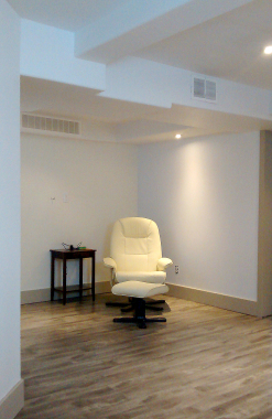 Basement renovation with bullnosed treatment to soften all corkers