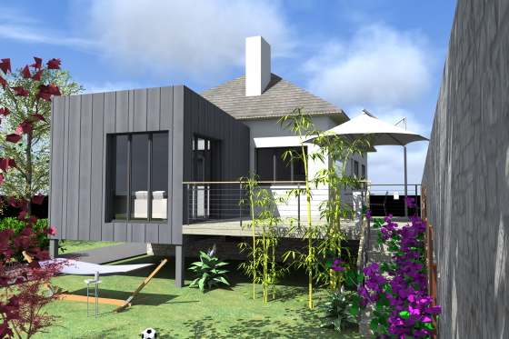 Extension ossature bois bardage zinc. Bloque suspendu très aérien et contemporain.