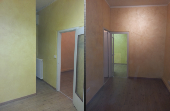 Rifacimento negozio impianto elettrico verniciatura con velatura a rilievo e posa Parquet flottante