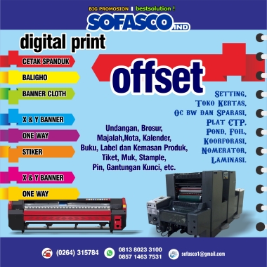 Percetakan & Printing Digital Sofasco
Jadikan Proses Cetak anda Dalam Satu Tempat : Cepat,Hemat dan Hasil bisa Terkontrol. Layanan Satu Atap.