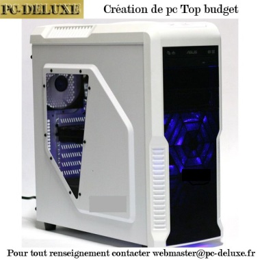 PC DELUXE, vous propose une Tour d'ordinateur ZALMAN neuve TOP BUDGET 449€! 

Assemblée et vérifiée par ses soins (avec Garantie et Assistance)

Équipée de :

- Alimentation CORSAIR
- Carte Mère GIGABYTE
- Processeur AMD
- Barrette Mémoire KINGSTON 4go
- Disque dur TOSHIBA 500 go
- Lecteur DVD ASUS

Fournie avec Système d'exploitation Unbutu (Gratuit)
Peut-être fournie avec windows 7/8/8.1 ainsi que le
clavier, la souris et l'écran (sur demande).

Pour tout renseignement webmaster@pc-deluxe.fr