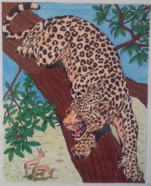 Léopard aux aguets, dessin au feutres pinceaux et crayons de couleur...