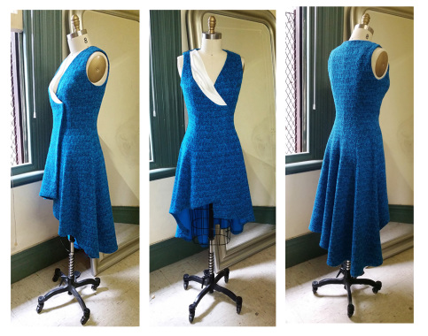 My own work of a draped collar asymmetric hem dress.