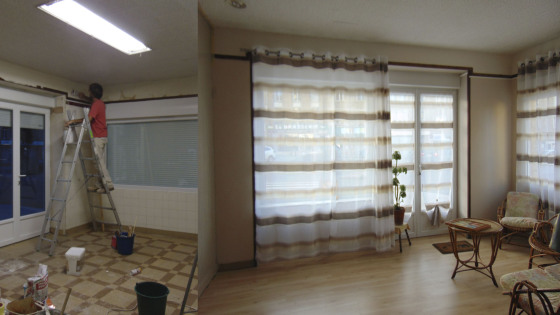 Salle avant/aprés.
Reelook: parquet flotant, peinture.
En phase décor.