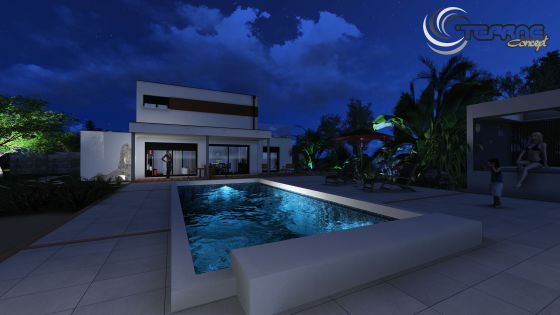 Simulation d'éclairage de jardin et éclairage de piscine.Plan et image de jardin en 3D.http://www.plan-de-maison-3d.com