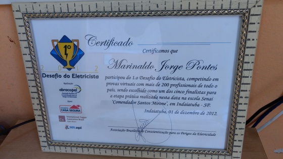 Certificado do 1ª desafio do Eletricista, Consedido  pela ABRACOPEL, PROCOBRE e o PROG. CASA SEGURA...
