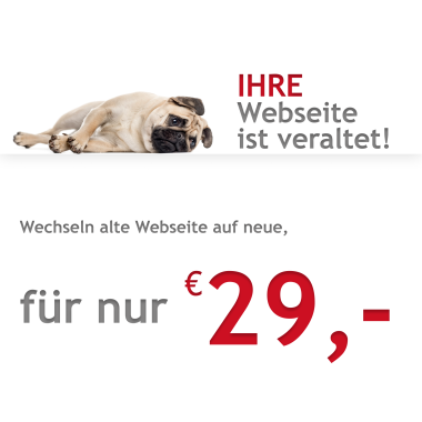 Wechseln alte Webseite auf neue, für nur 29,- Euro!  Jeden Tag wird das Internet um 1.000.000 Benutzer mehr und ein Teil davon sind Ihre potenziellen Kunden.  Bereits heute sind 55% der Weltbevölkerung Internetnutzer. Verpassen Sie nicht Ihre Chance!  Um mithalten zu können, muss man auffallen!  Es gibt heute mehr als 1,94 Milliarden Webseiten im Internet. 89% von ihnen sind nicht von Profis gemacht und bringen ihren Besitzern keine Vorteile.  Seien Sie nicht einer von ihnen!  48.2% der Benutzer besuchen Webseiten von mobilen Geräten. Von unserer Firma entwickelte Webseiten werden auf allen Geräten (Computer, Laptop, Tablet, Telefon) einwandfrei funktionieren.  Möchte Sie sich keine Sorgen machen aber gleichzeitig eine professionelle Webseite haben?  Kontaktieren Sie uns einfach auf bequeme Weise und wir entwickeln die perfekte Webseite für Sie!