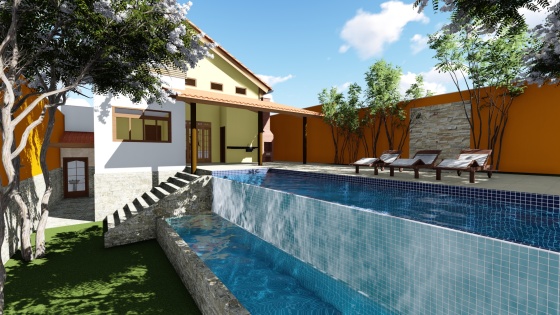 Piscina aproveitando a inclinação do terreno, gerando beleza e economia
