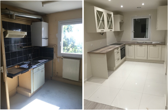 Rénovation d'une cuisine.
- Déplacement de la chaudière
- Modification cloison
- Plomberie  + ventilation motorisé 
- Carrelage - Peinture
- Fourniture et pose d'une cuisine sur mesure