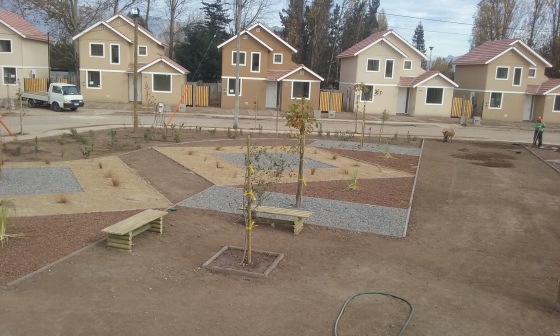 Diseño de áreas verdes, para Condominio Vista Cordillera 3, Los Andes. Diseño sustentable, en base a sustratos áridos, que requieren menor mantención y ahorro significativo de agua.
