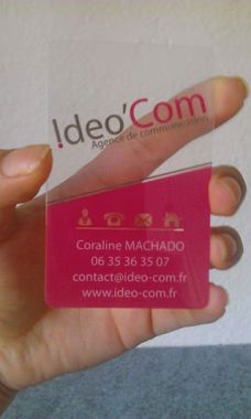nos cartes de visite, impression sur P.V.C transparent avec soutient de blanc