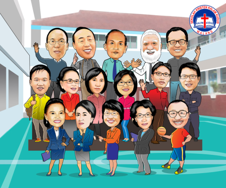 karikatur kumpulan bapak dan ibu guru salahsatu sekolah terkemuka di kota malang