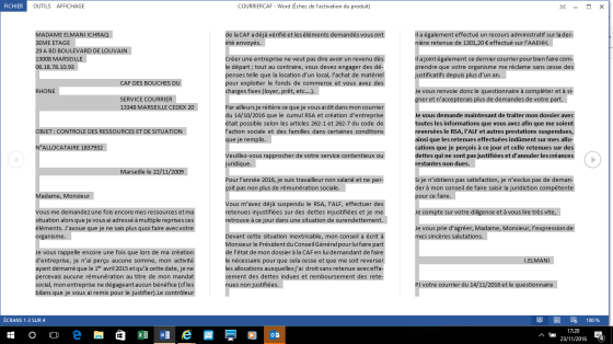 courrier motivé de plusieurs pages adressé à la CAF dans le cadre de la gestion d'un dossier client particulier
