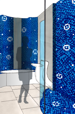 Salle de bain, perspective rough (feutre noir et marqueurs + pastel sec)