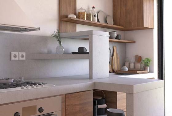 Essa é para se apaixonar: bancada de cozinha feita com cimento queimado branco.