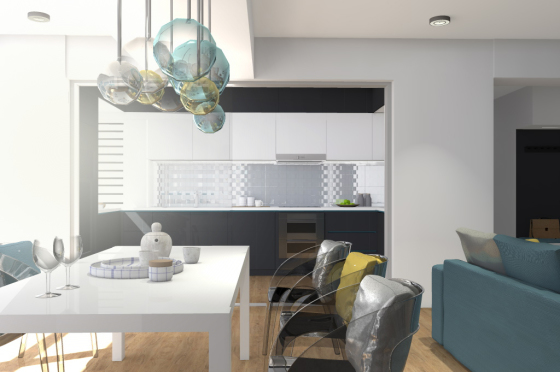 Apartament modern cu iz de mare
Bucătăria a fost delimitată de zona de luat masa cu panouri de sticlă, pentru a nu separa total spațiile. Astfel, prin transparență, acestea pot comunica liber. În continuare, regăsim aceleași linii drepte și contrastul între finisaje - de cromatică și textură. Mozaicul din sticlă cu reflexii metalice - imagine a suprafeței apei în lumina soarelui, subliniază conceptul amenajării.
În living, am creat o legătură între plafon și parietal prin fanta de lumină care se continuă în planul vertical. Aceasta se reflectă în banda cu finisaj metalic inserată în mobilier.