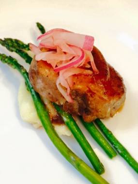 Coffee Cured Pork with Pickled Red Onions